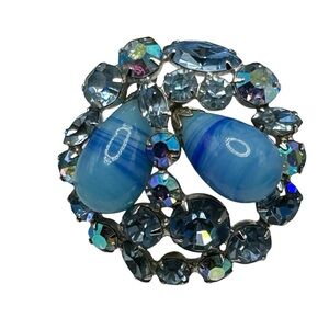Vintage Signed Regency Blue Art Glass Rhinestone Brooch
